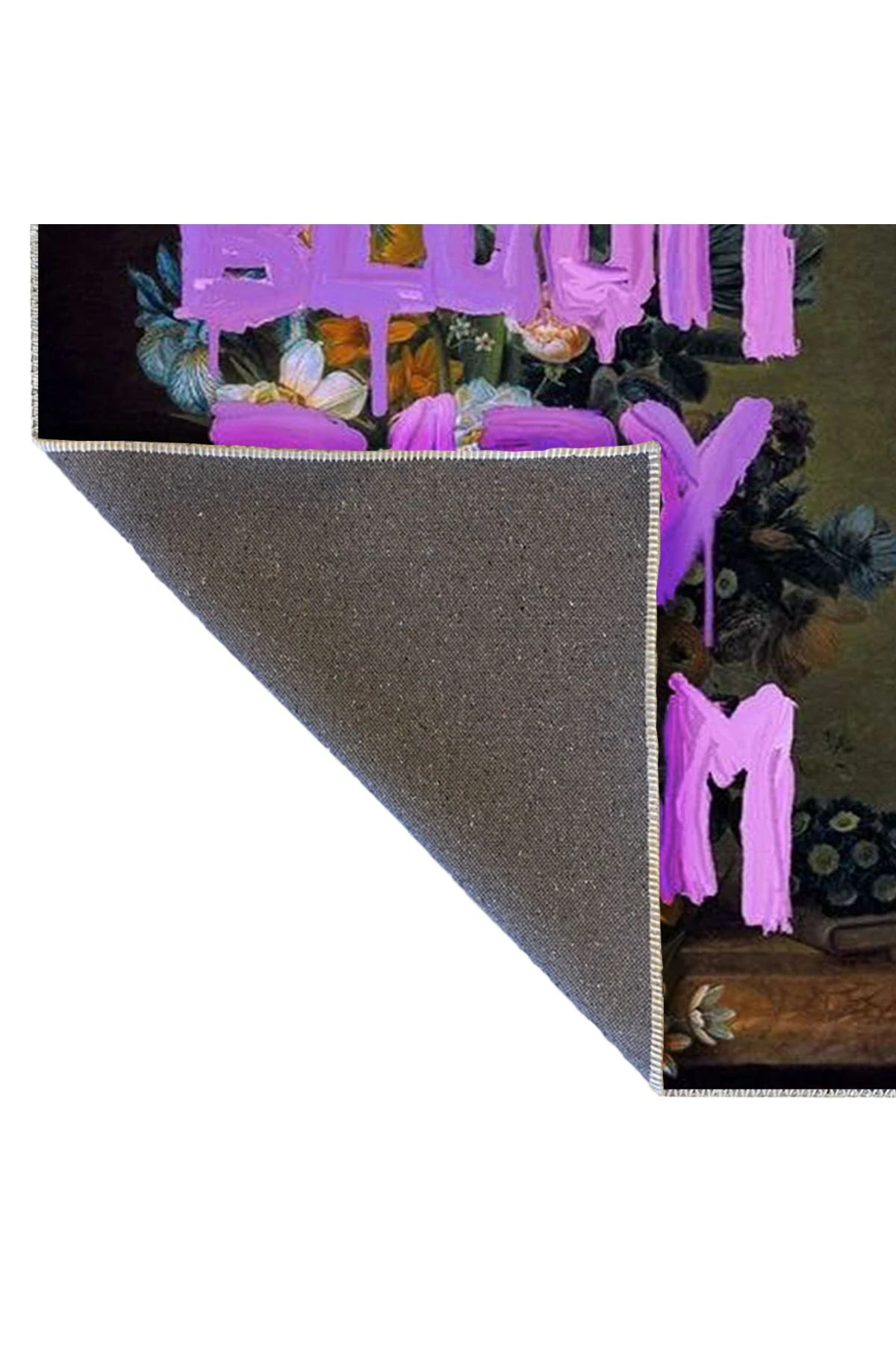 Ebru Koleksiyonu Çiçek Desenli Mor Yazı Detaylı Dokuma Taban Modern Dekoratif Halı ebru43