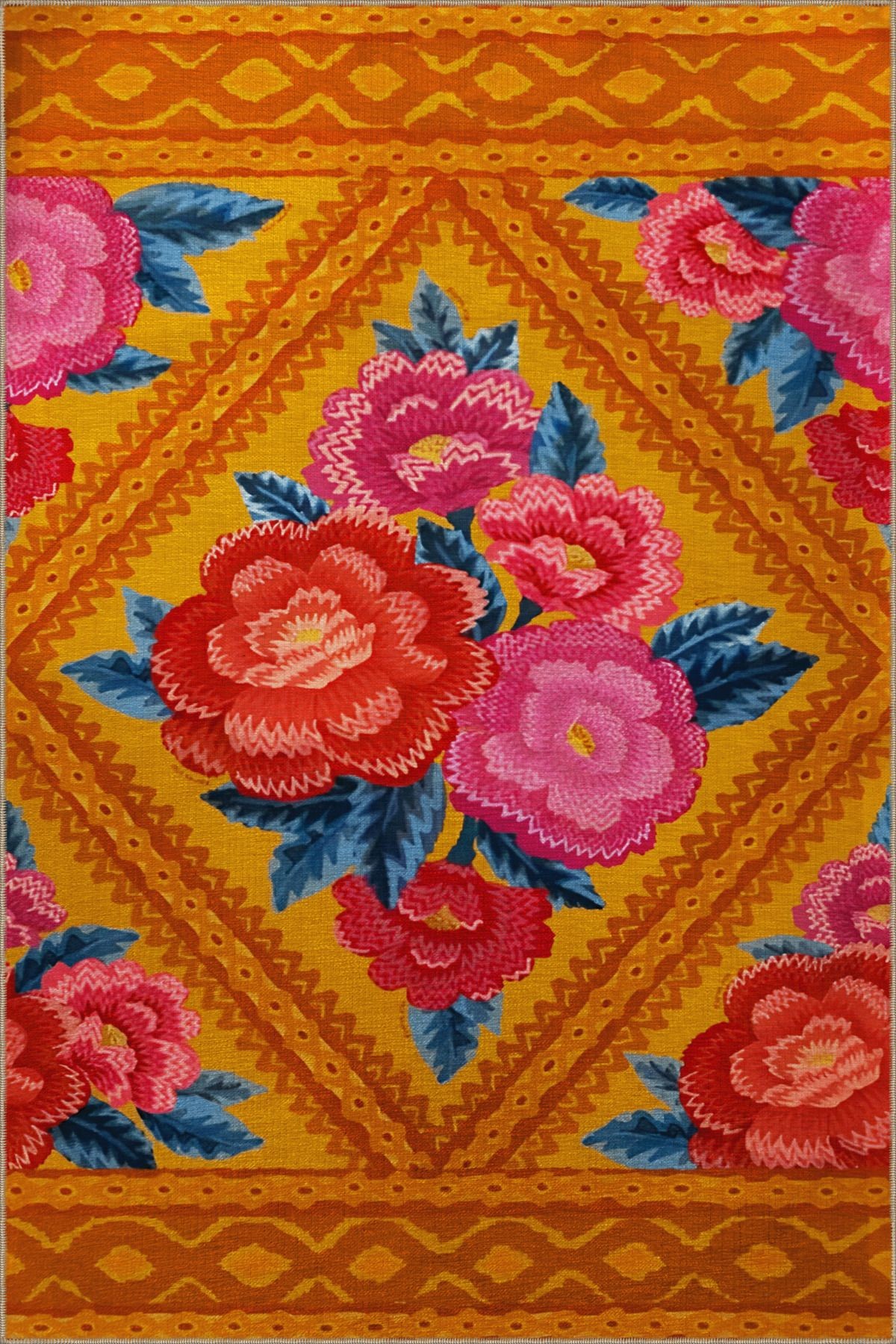 Turuncu Temalı Kırmızı Pembe Gül Desenli Modern Dekoratif Halı 2329