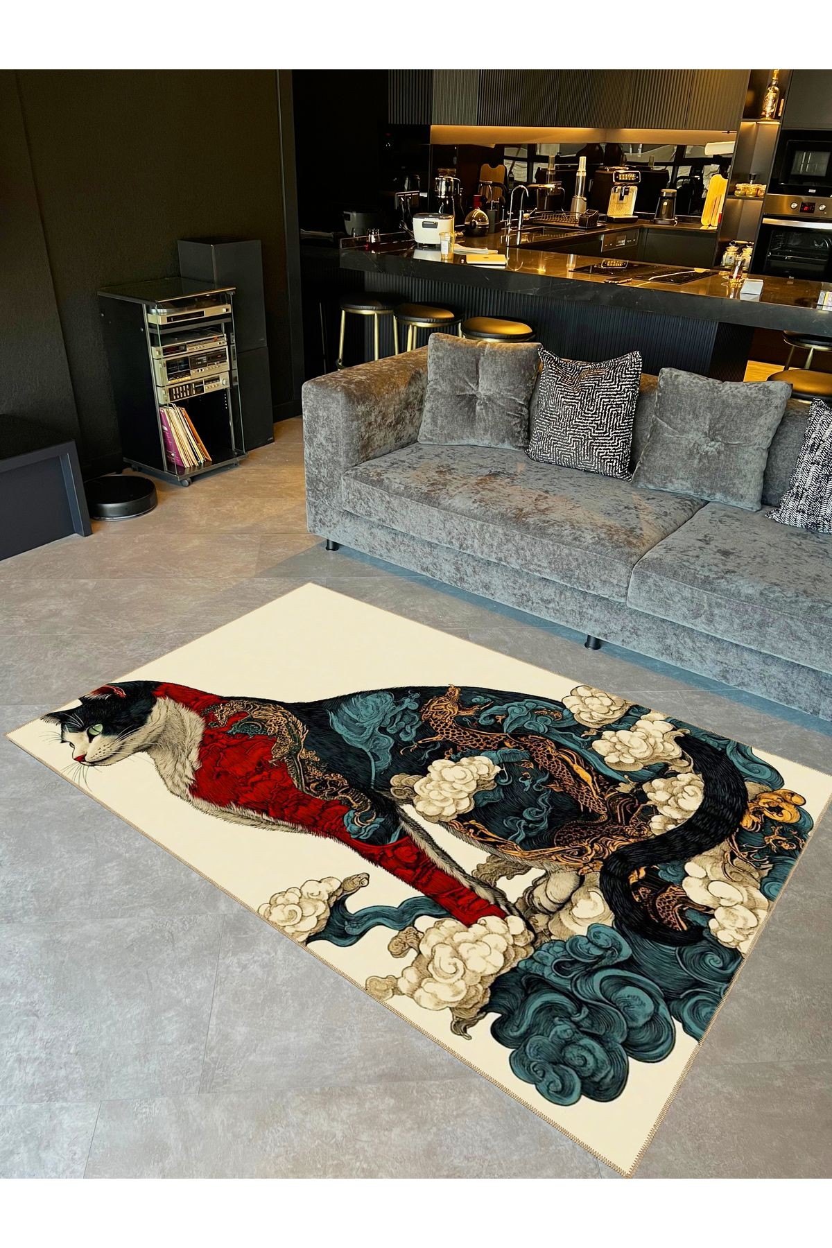 Tuğrul Koleksiyonu Çiçek ve Duman Motifli Soyut Kedi Desenli Dokuma Taban Modern Dekoratif Halı 37