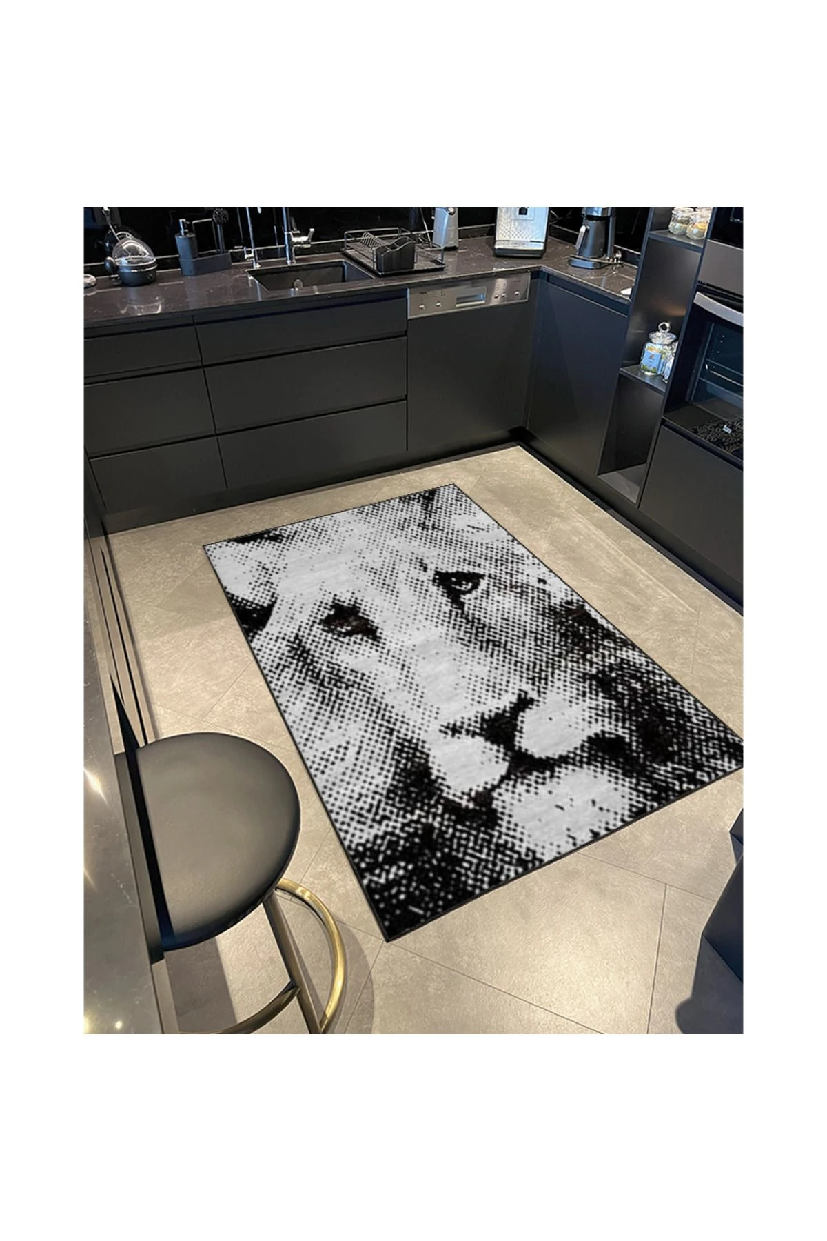Siyah Beyaz Aslan Desenli Modern Dekoratif Halı 4500