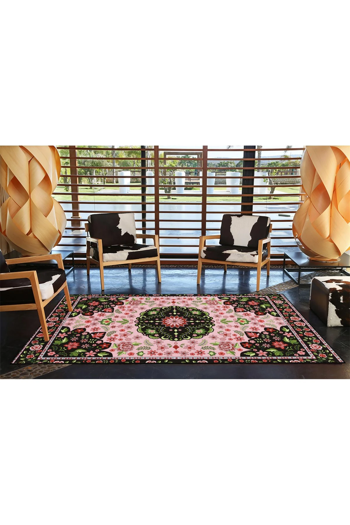 Pembe Geometrik Floral Modern Dekoratif Halı miravip149