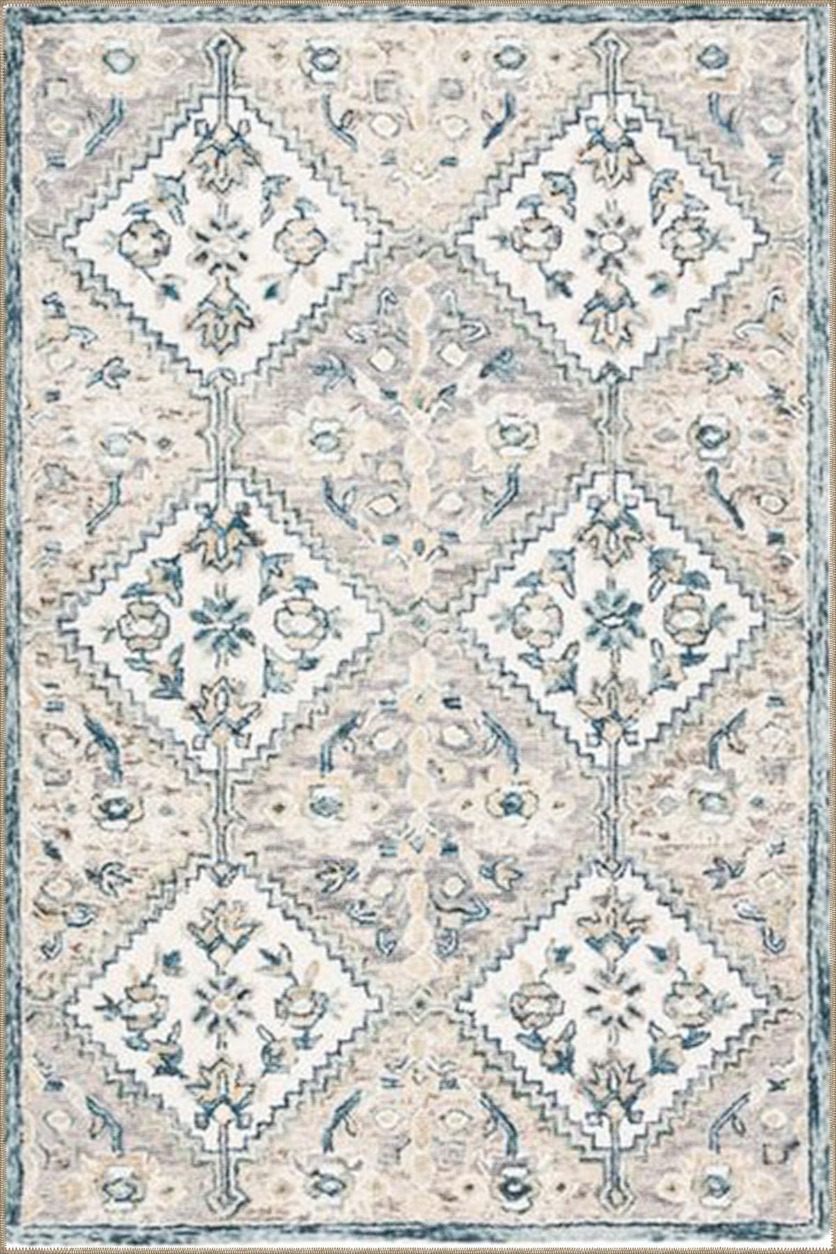 Krem Geometrik Baklavalı Çiçekli Dokuma Taban Yıkanabilir Halı miravip8919