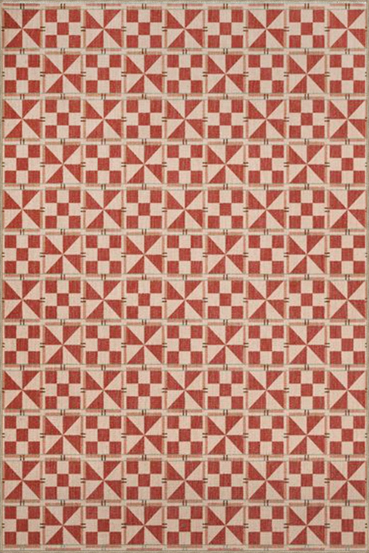 Kırmızı ve Pembe Tonlarında Geometrik Desenli Dekoratif Halı 4194