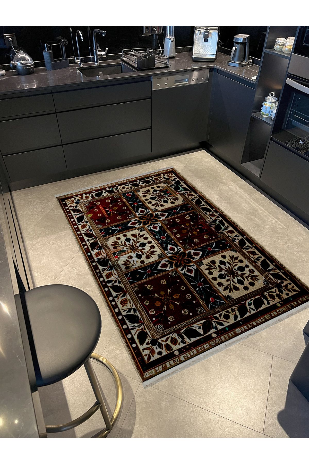 Bej Bordür Detaylı Renkli Antik Tasarım Serisi Çok Renkli Desenli Vintage Dekoratif Halı antik52