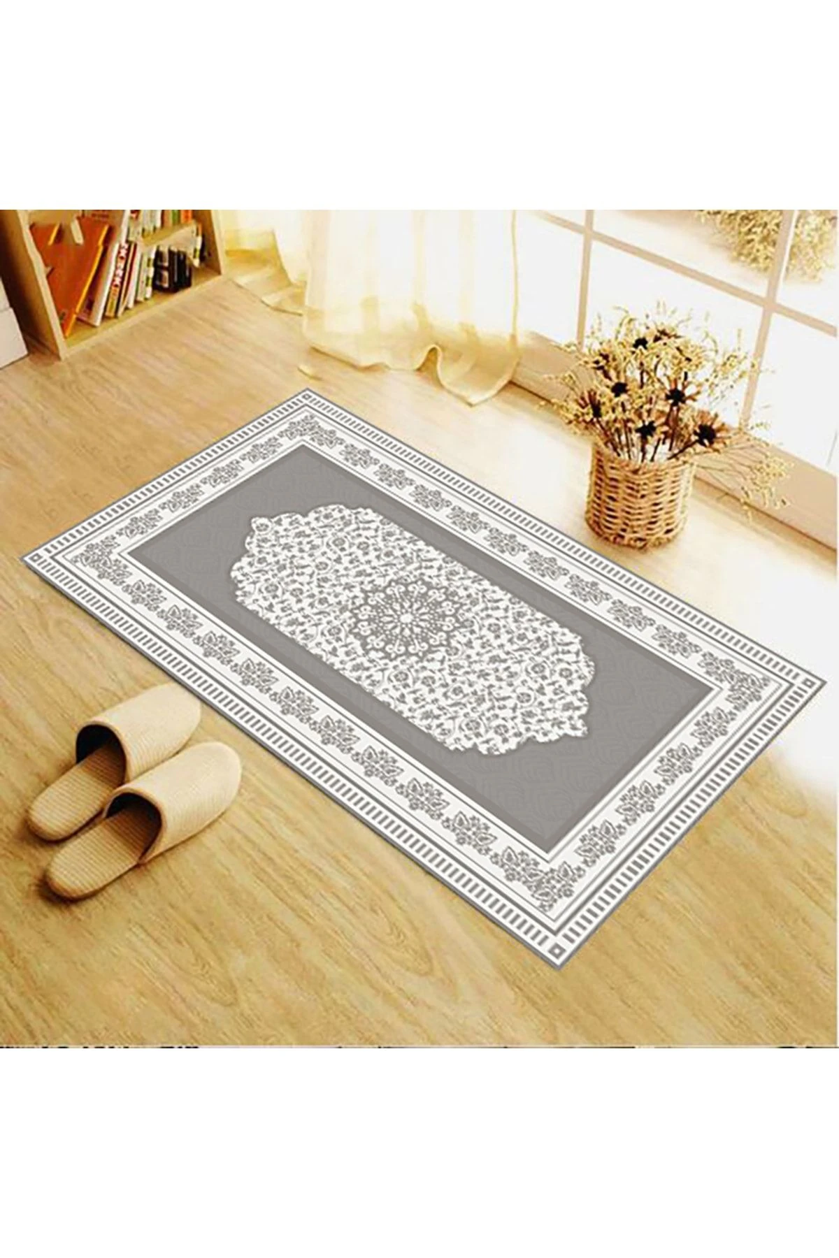 Gri Çiçekli Geometrik Desenli Seccade 70x120