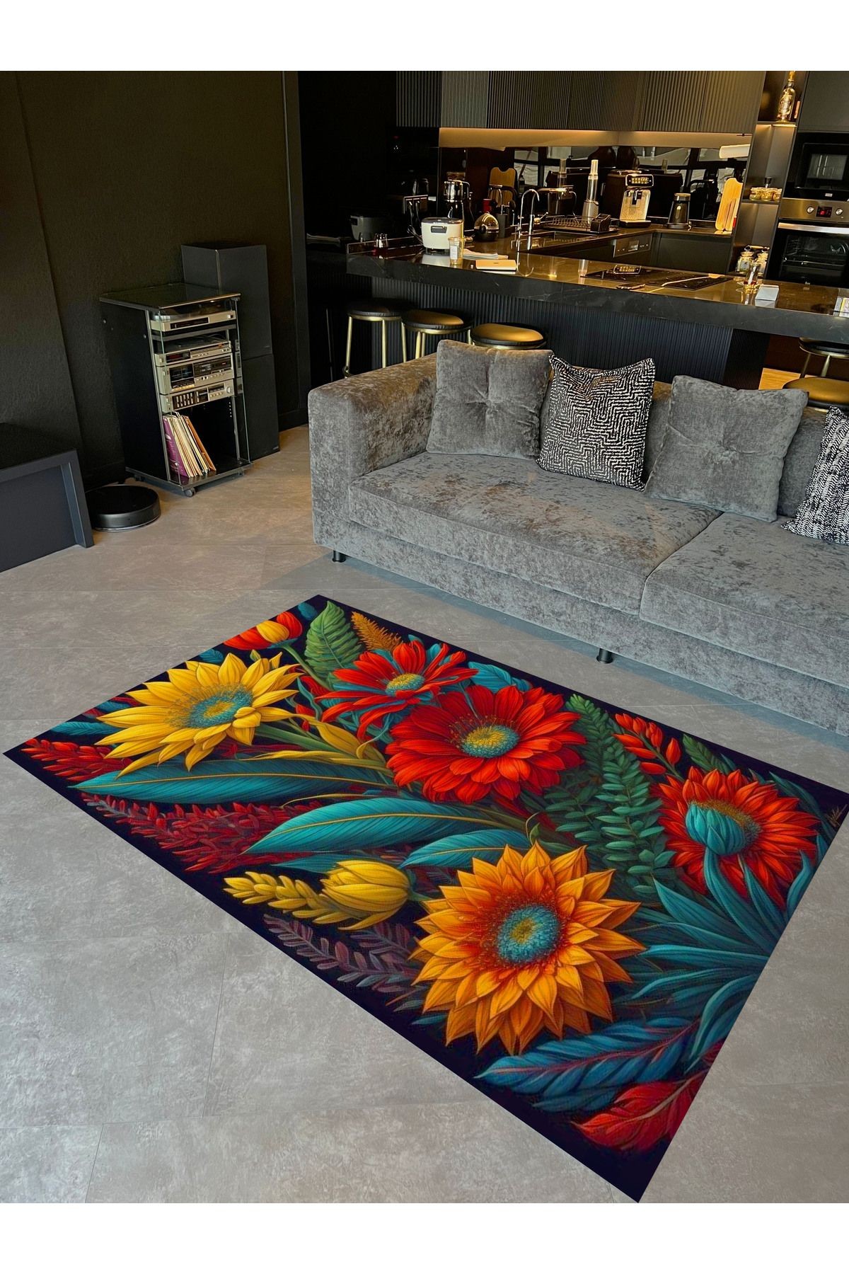 Kubilay Koleksiyonu Çok Renkli Floral Karma Çiçekler Desenli Dokuma Taban Modern Dekoratif Halı 11