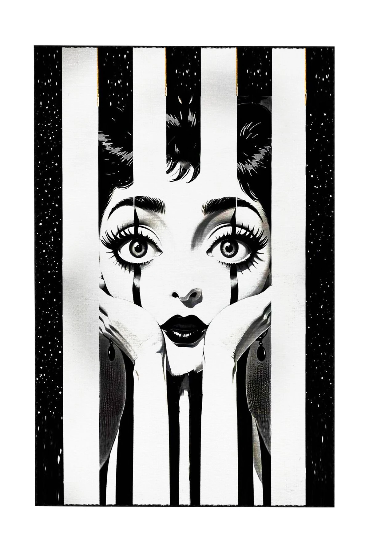 Siyah Beyaz Çizgi Temalı Kadın Yüz ve El Desenli Dokuma Taban Halı ve Yıkanabilir Halı miraface03