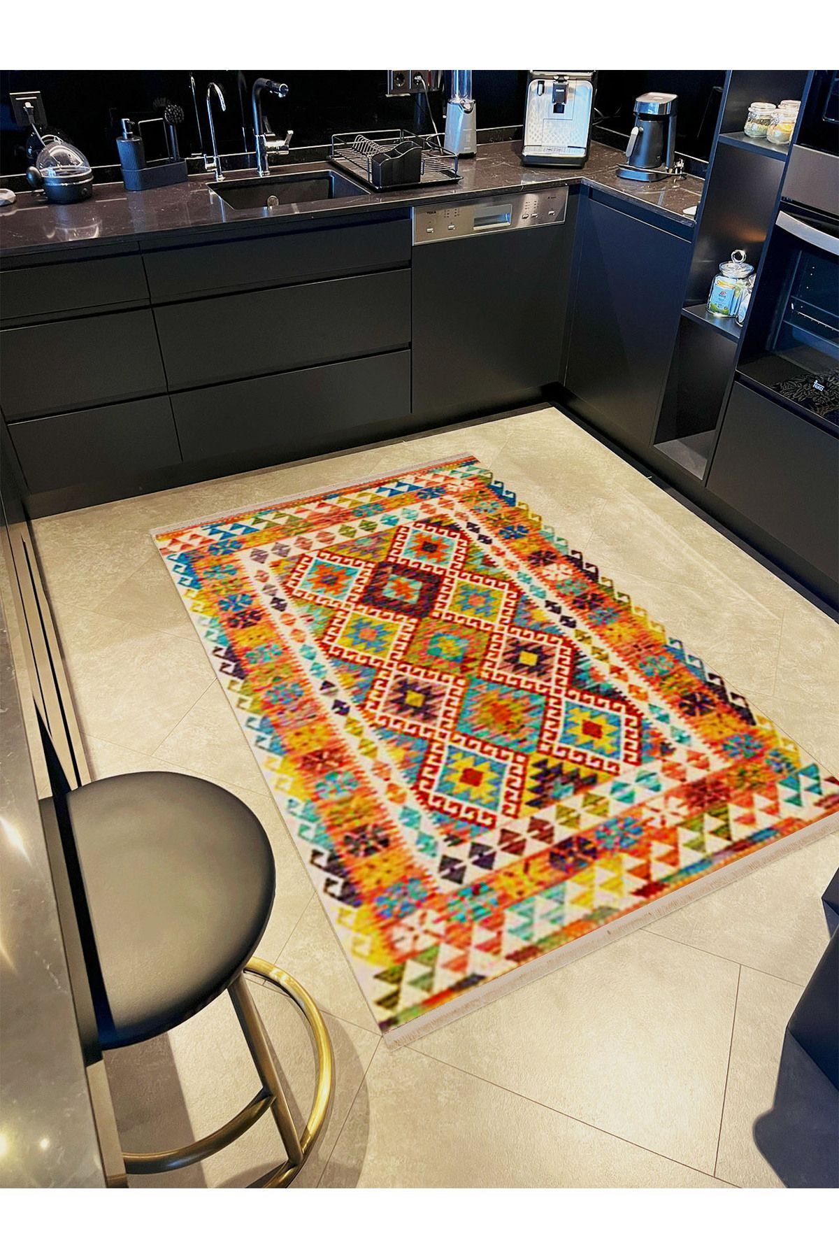 İnci Koleksiyonu Çok Renkli Etnik Geleneksel Desenli Dokuma Taban Vintage Dekoratif Halı inci05