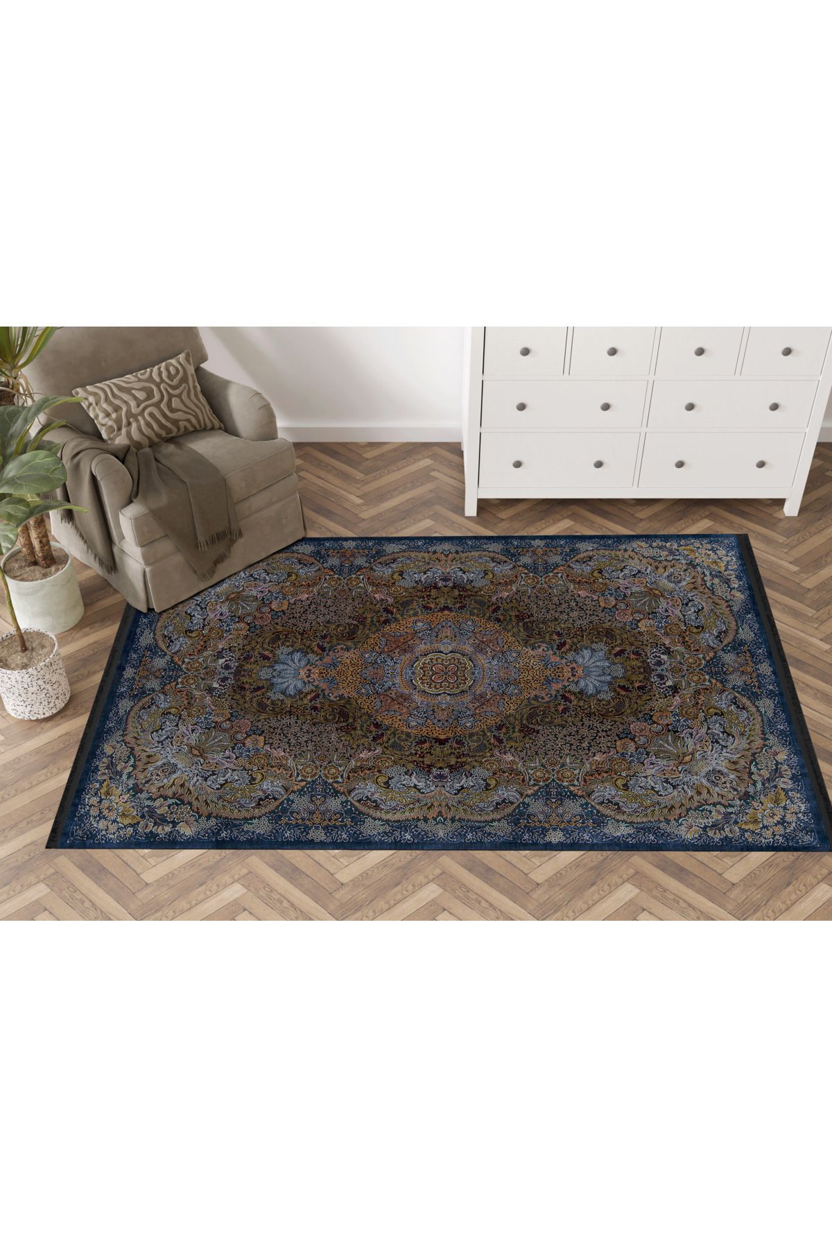 Mira Lacivert Sarı Temalı Çok Renkli Geleneksel Motif Etnik Desenli Vintage Dekoratif Halı Mira 1600