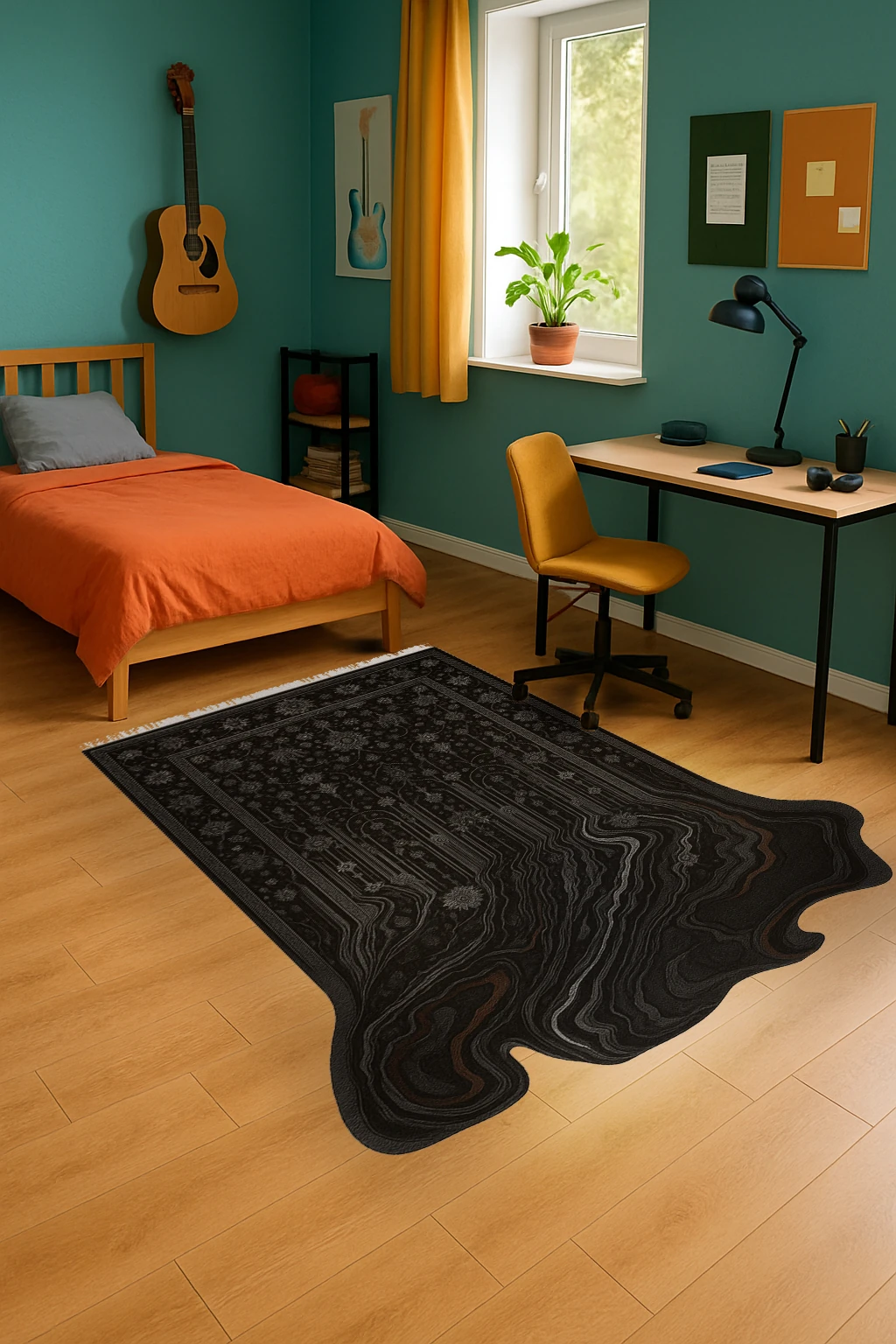 MOSSO Siyah Temalı Çiçekli ve Soyut Dalgalı Desenli Dokuma Taban Modern Dekoratif Halı mosso1011