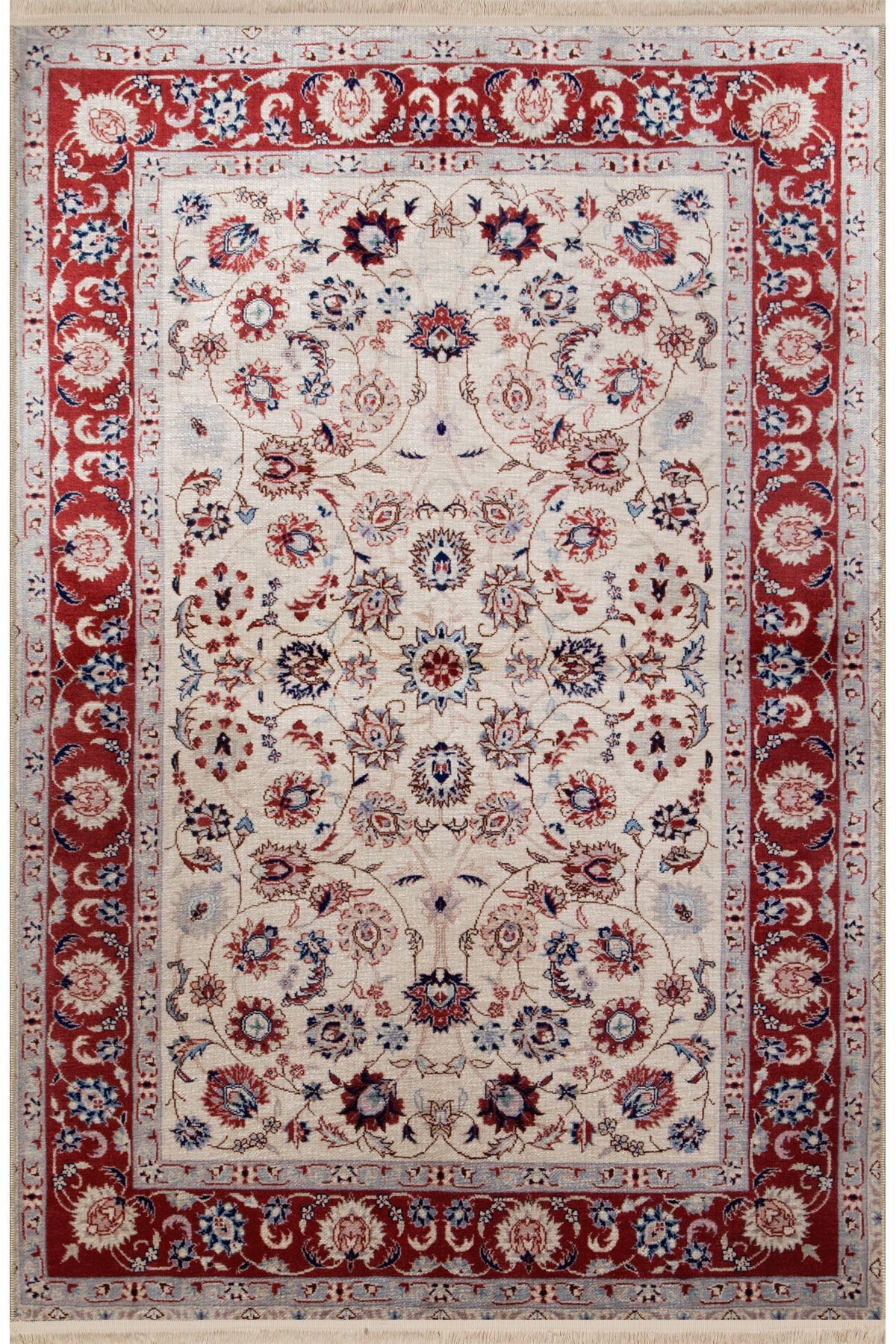 Kırmızı Bej Temalı Çok Renkli Etnik Çiçek Desenli Vintage Dekoratif Halı 2456