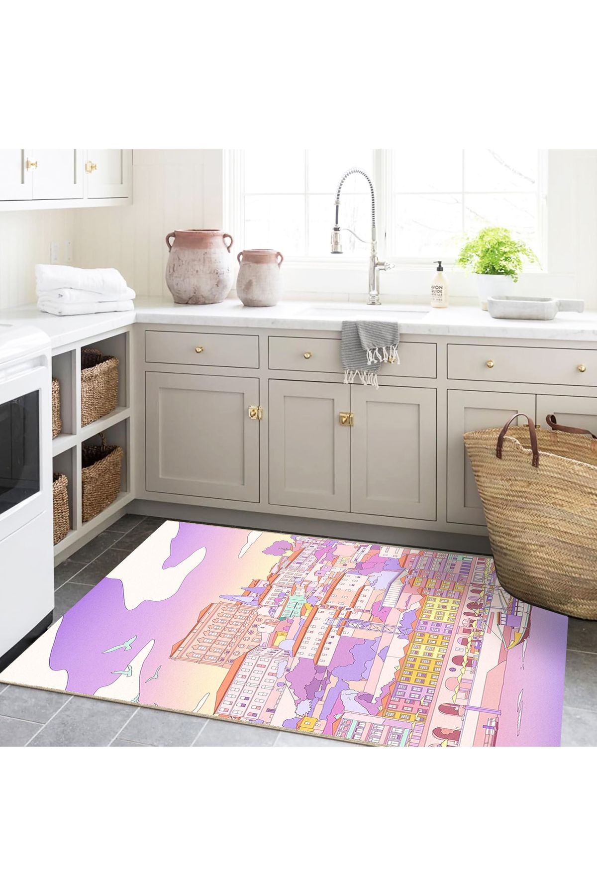 Buse Koleksiyonu Pembe Lila Tonlu Manzara Desenli Dokuma Taban Modern Dekoratif Halı buse29