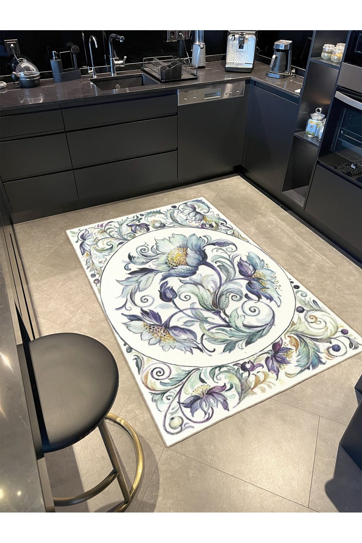 Krem Tonlarında Güllü Mavi Modern Dekoratif Halı miravip283