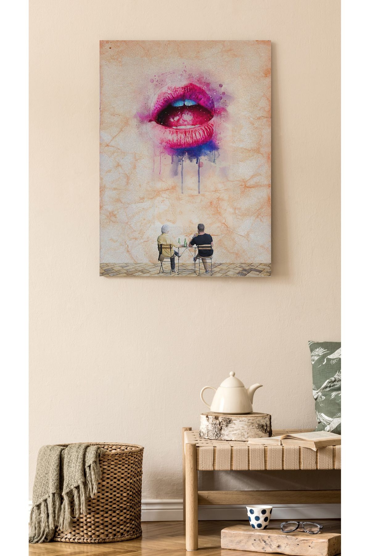 Kanvas Tablo Pembe Dudak Temalı Desenli Modern Tablo