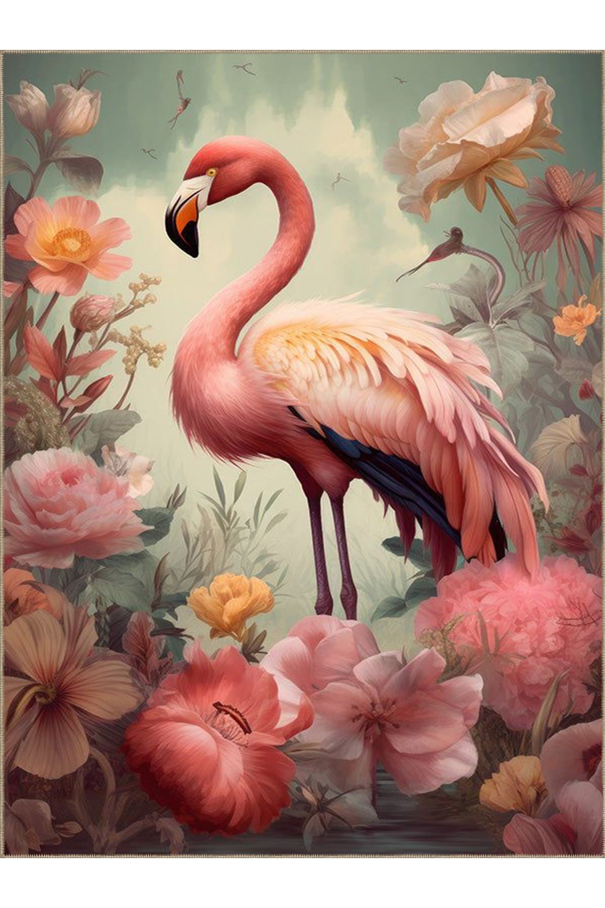 Güneş Koleksiyonu Pastel Tonlarda Flamingo Detaylı Dokuma Taban Modern Dekoratif Halı güneş40