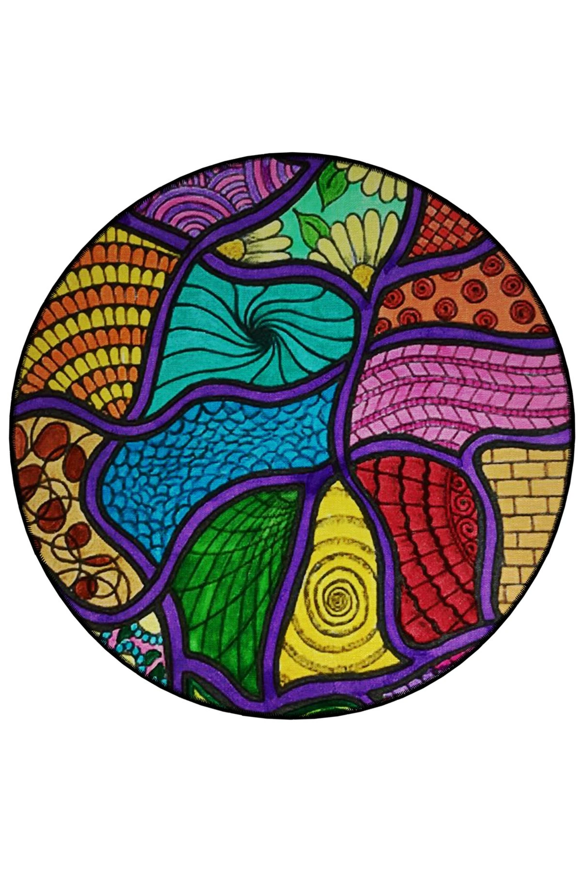 Mira Yuvarlak Çok Renkli Mor Çizgi Detaylı Dokuma Taban Modern Dekoratif Halı 5661