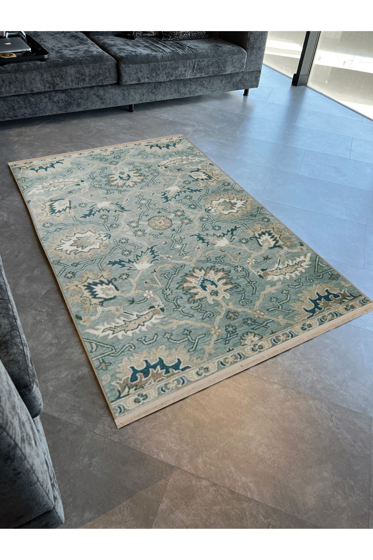 Açık Mavi Temalı Motifli Etnik Çiçek Desenli Saçaklı Vintage Dekoratif Halı 3181