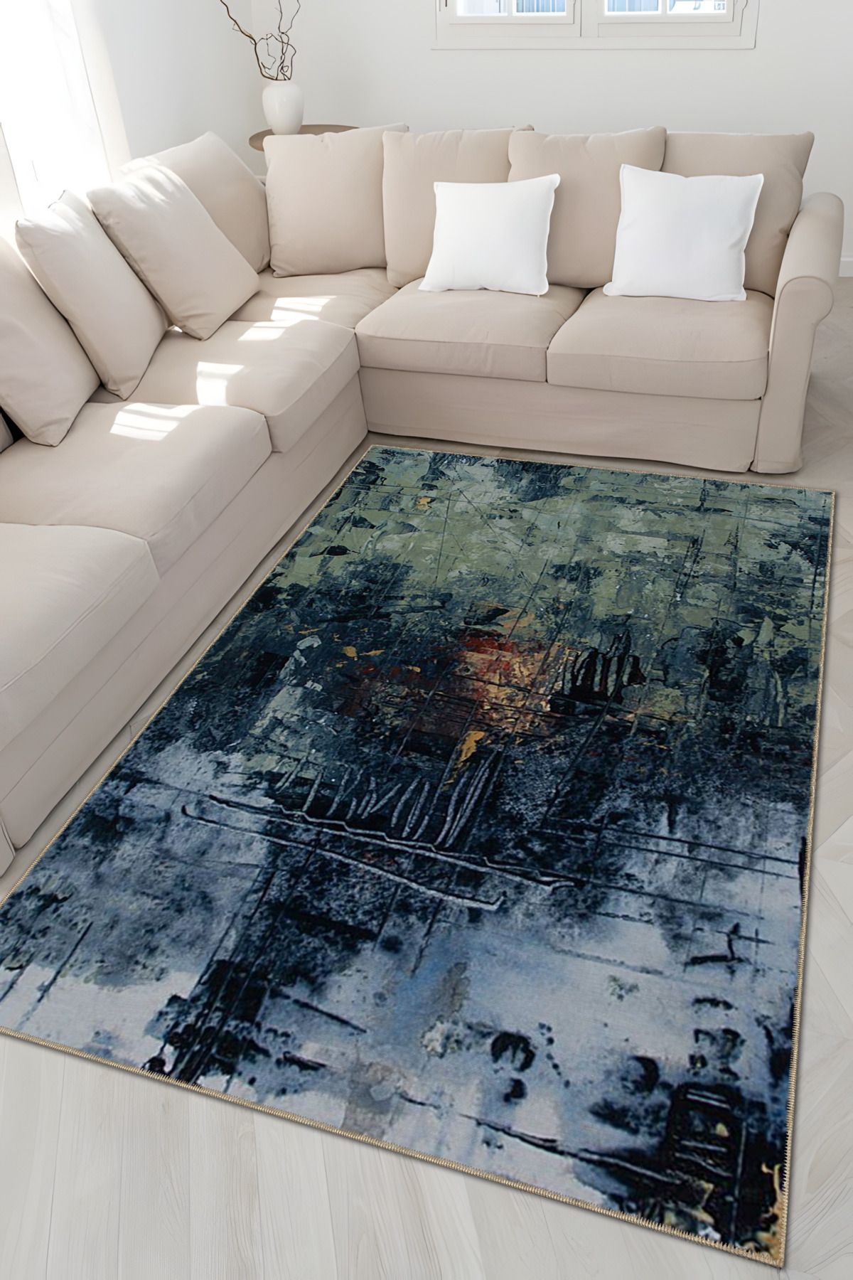 Lacivert Yeşil Temalı Pastel Soyut Desenli Kreatif Modern Dekoratif Halı 4968