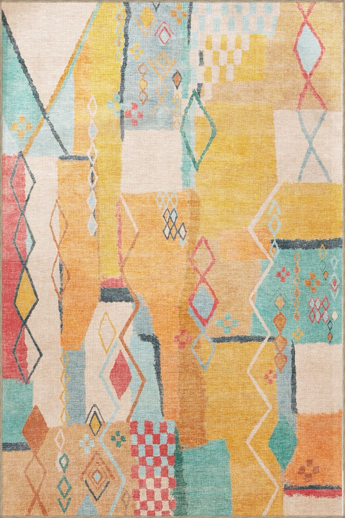 Çok Renkli Karma Motifli Geometrik Desenli Saçaklı Vintage Dekoratif Halı 3282