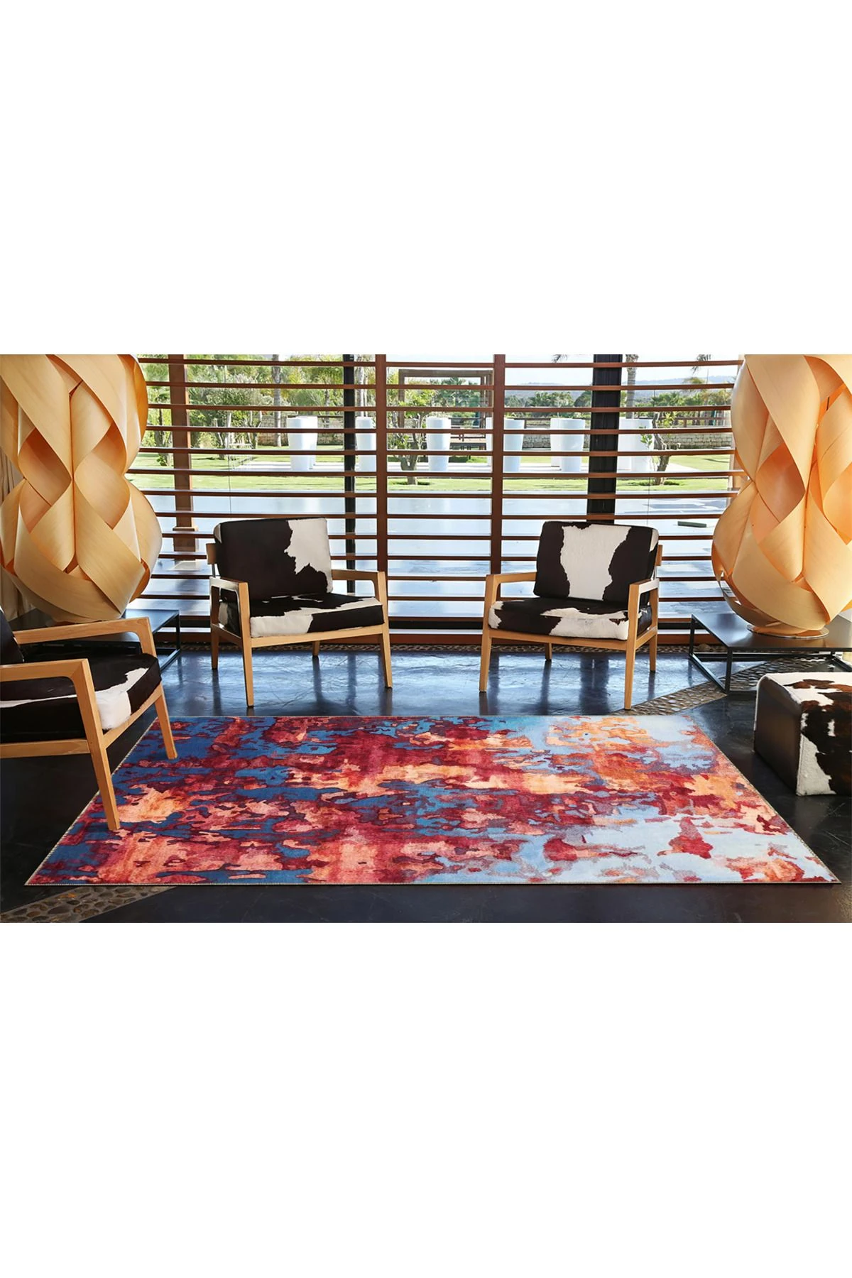 Kırmızı Mavi Temalı Soyut Abstract Desenli Modern Dekoratif Halı 3935