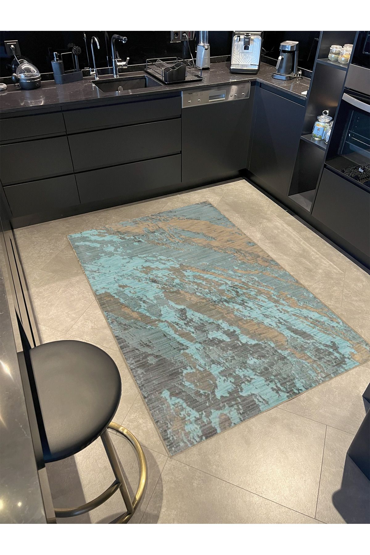 Turkuaz Temalı Soyut Desenli Kreatif Modern Dekoratif Halı 3930