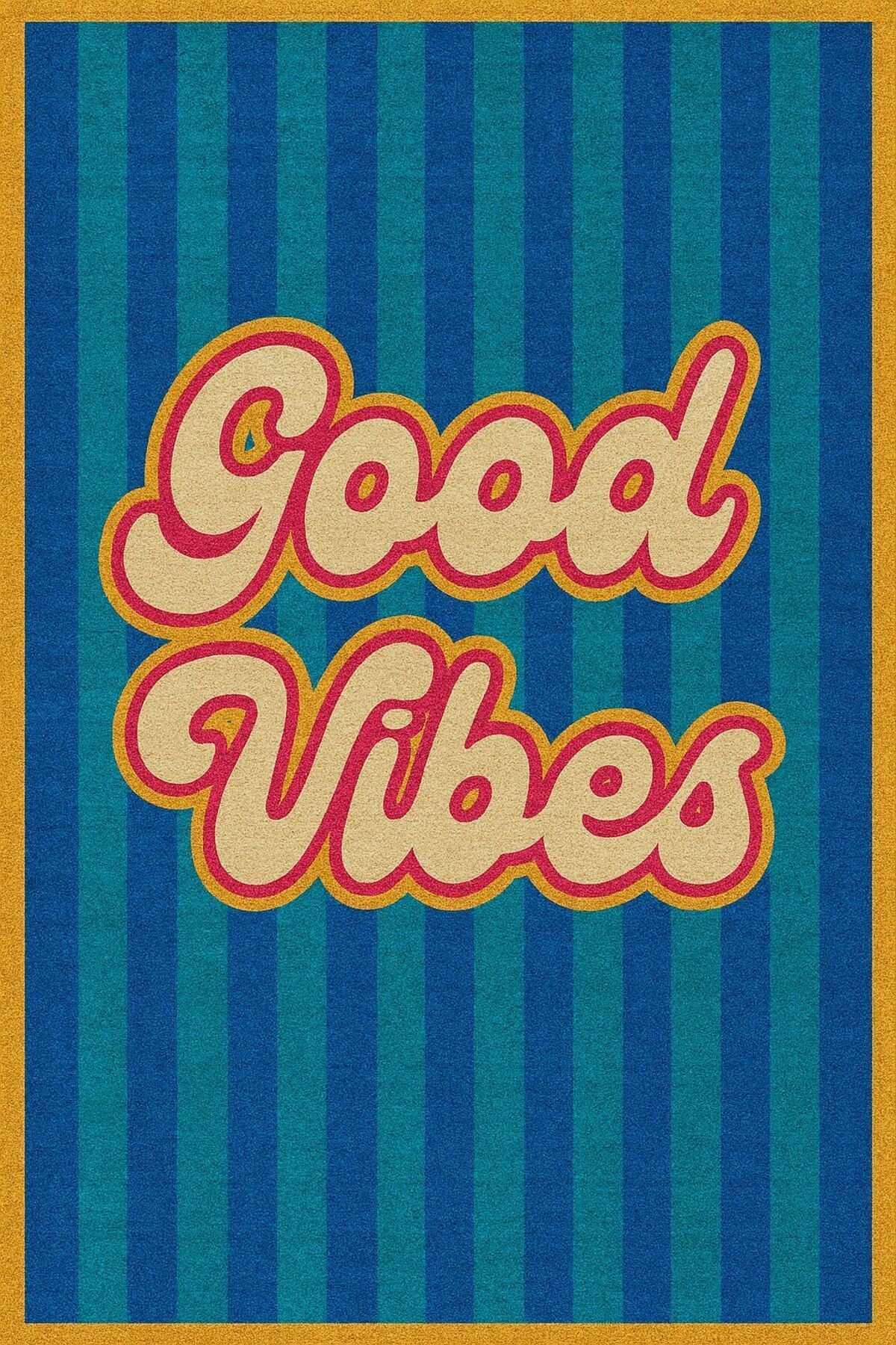 MOSSO Retro Çok Renkli Good Vibes Yazı Detaylı Dokuma Taban Dekoratif Halı mosso129