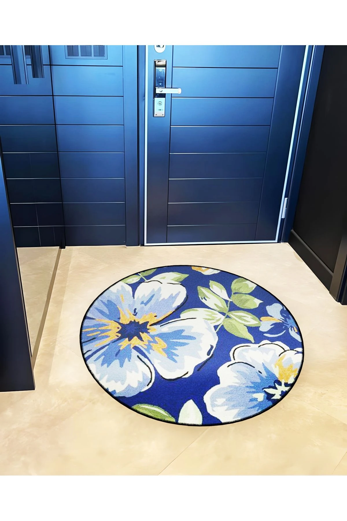 Mira Yuvarlak Koyu Mavi Çiçek ve Yaprak Detaylı Dokuma Taban Modern Dekoratif Halı 5660