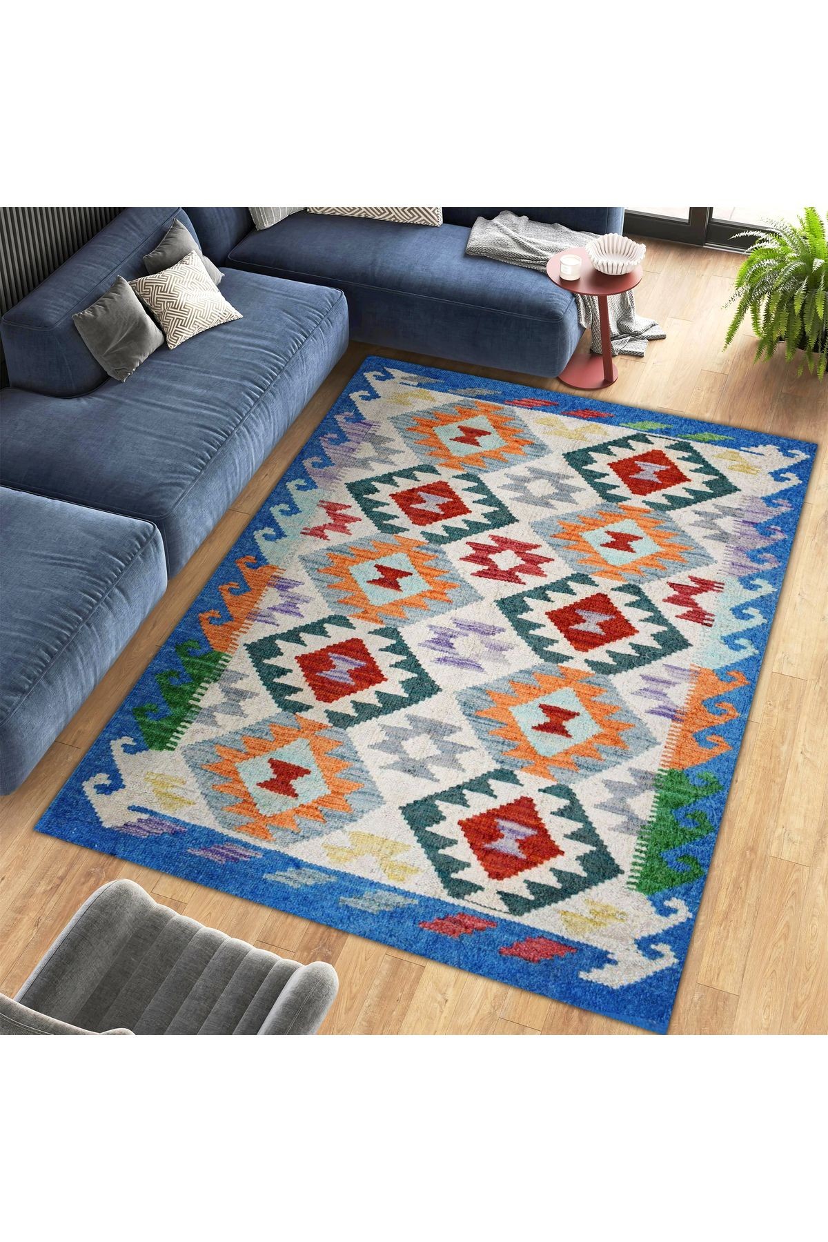 Asena Koleksiyonu Çok Renkli Geometrik Desenli Vintage Dekoratif Halı 06