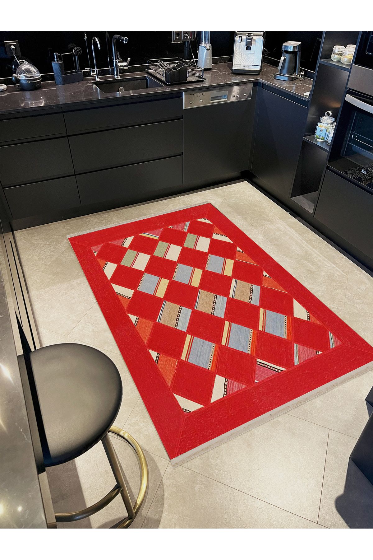 Güney Koleksiyonu Kırmızı Temalı Geometrik Dörtgen Desenli Modern Dekoratif Halı 28