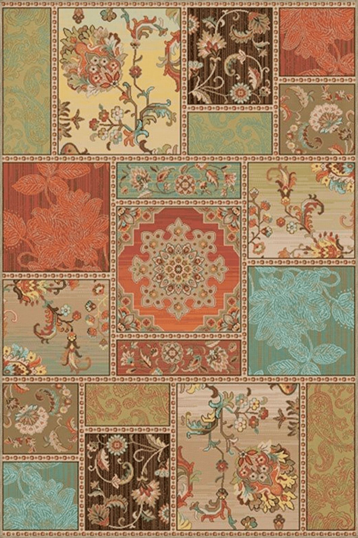 Floral Temalı Çok Renkli Motifli Çiçek Desenli Vintage Dekoratif Halı 4845