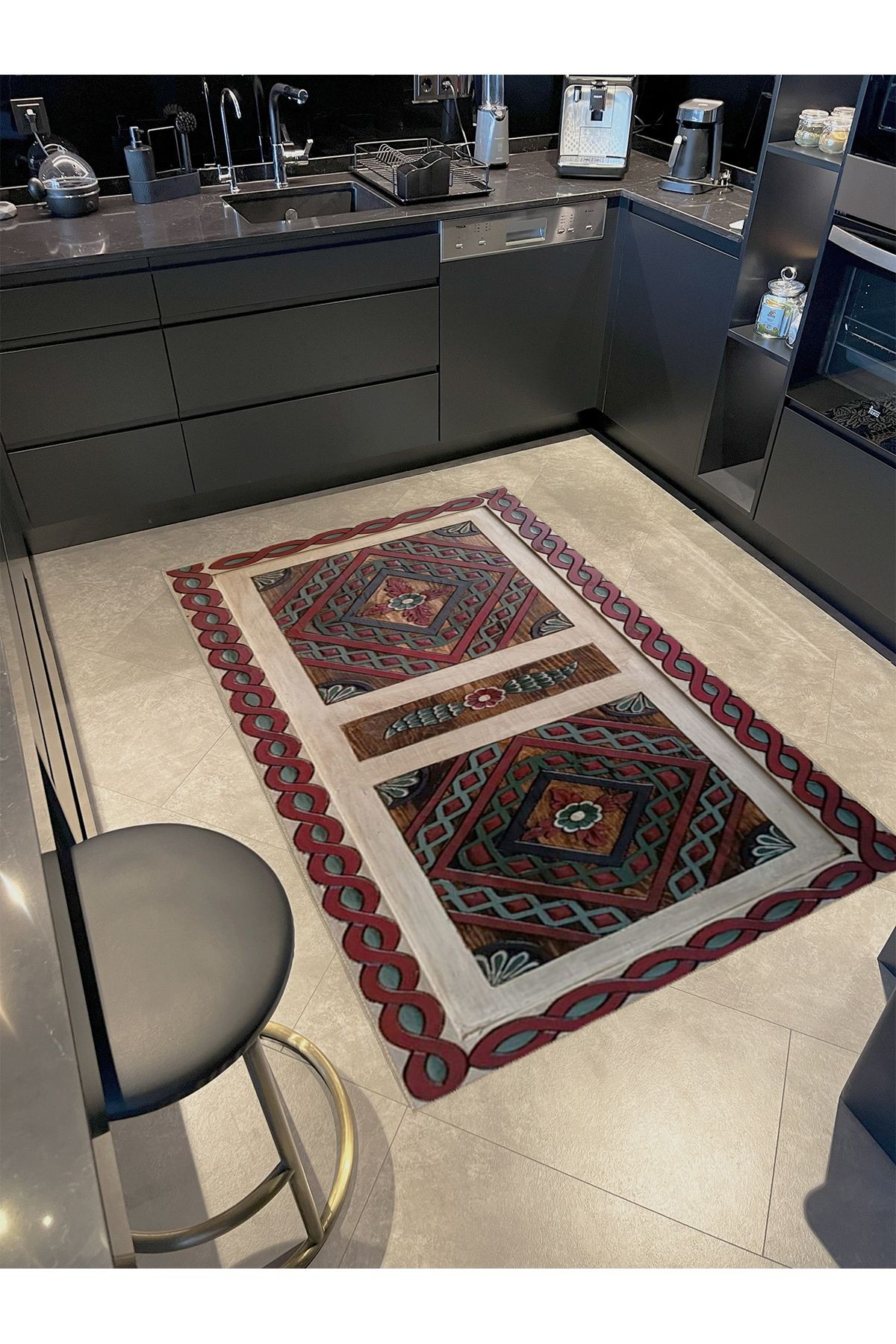 Seda Koleksiyonu Bordo Bej Yeşil Antik Desenli Dokuma Taban Modern Dekoratif Halı seda03
