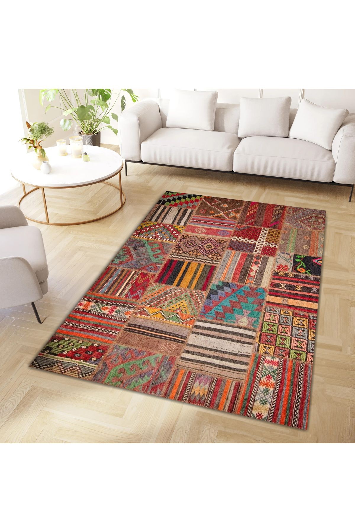 Aysu Koleksiyonu Çok Renkli Patchwork Görünümlü Dokuma Taban Modern Dekoratif Halı aysu14