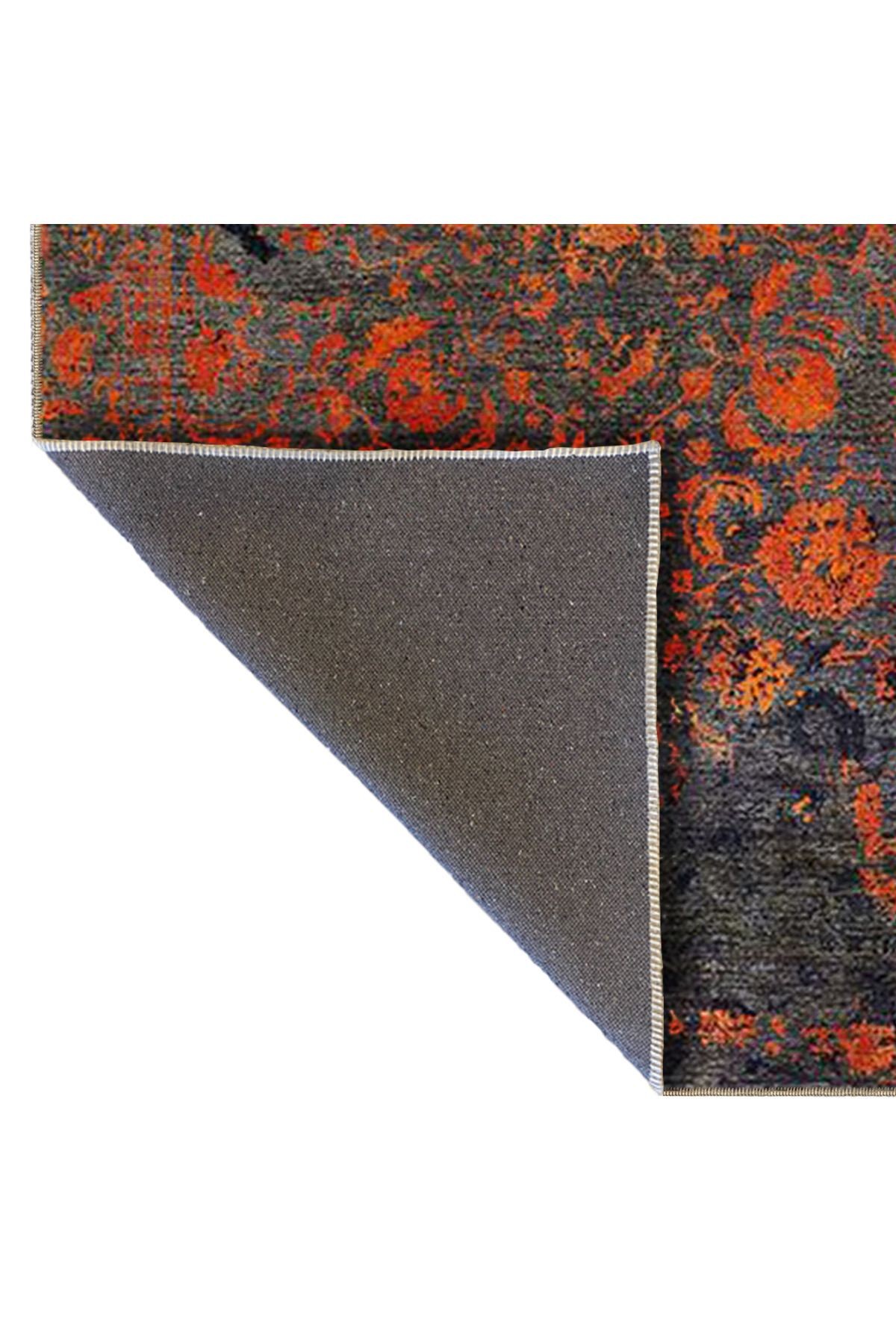Gri Turuncu Temalı Geleneksel Motif Desenli Vintage Dekoratif Halı 4875