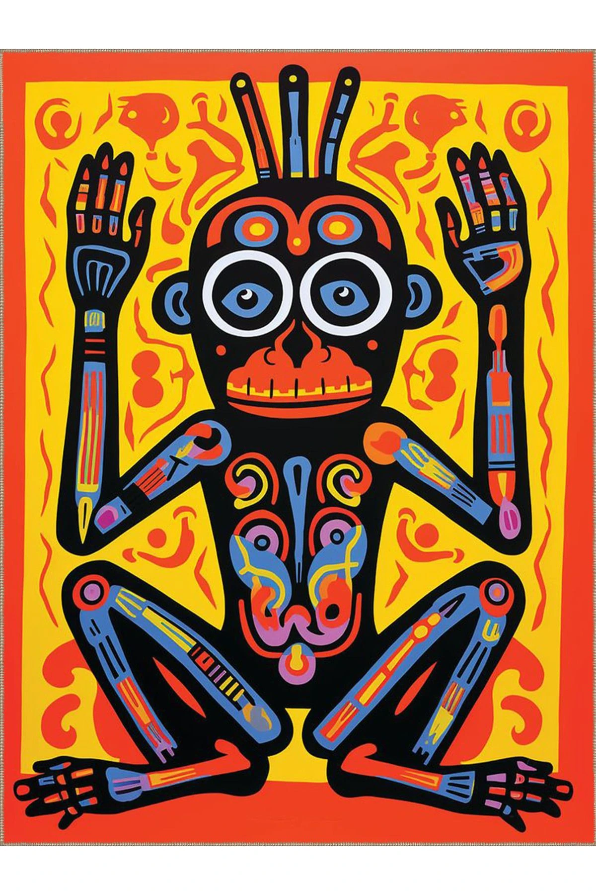 Emre Koleksiyonu Çok Renkli Soyut Çizgi Detaylı Maymun Desenli Dokuma Taban Modern Dekoratif Halı 36