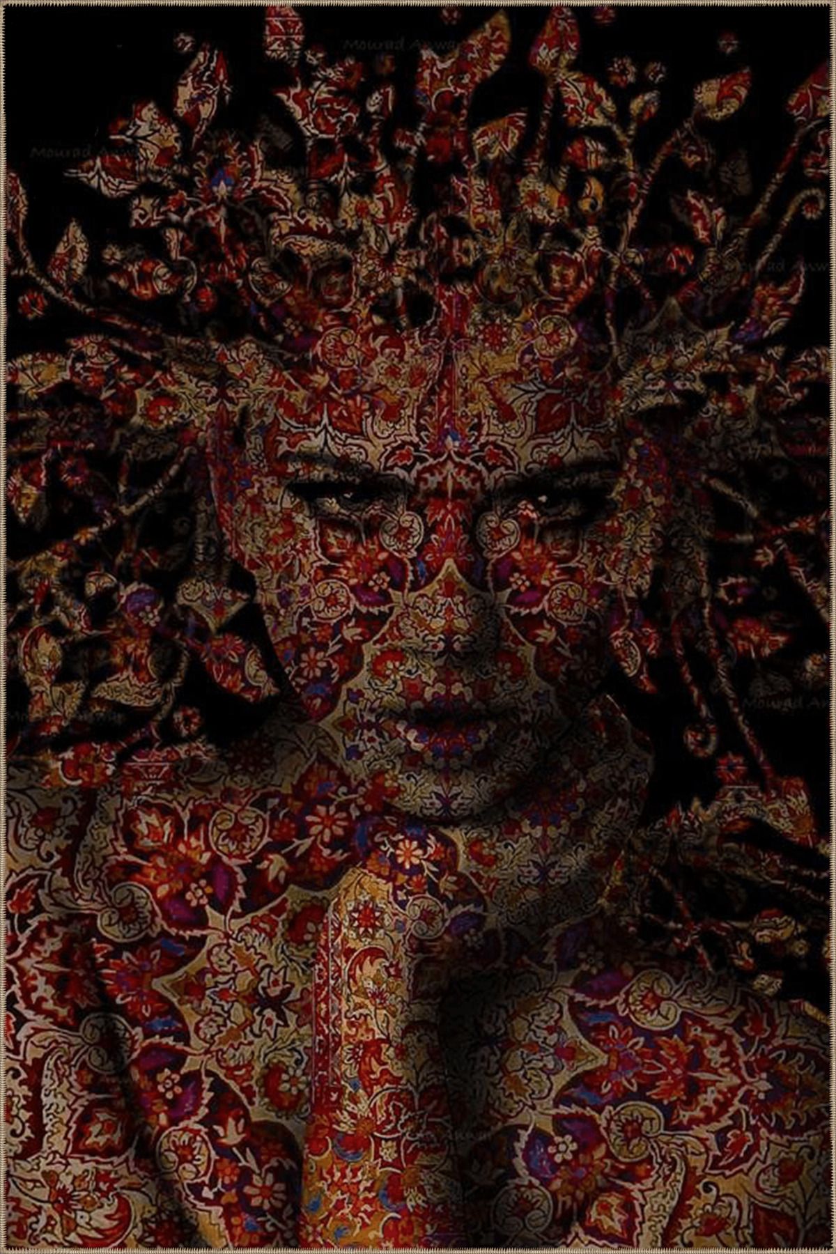 Siyah Bordo Temalı Motifli Etnik Kadın Yüzü Desenli Vintage Dekoratif Halı 4962