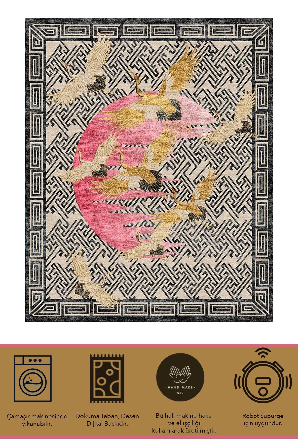 Mira 1207 Kuş Figürlü Monogram Desenli Baskılı Halı