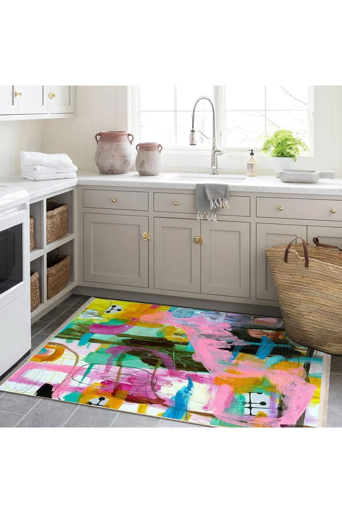 Özge Koleksiyonu Yağlı Boya Görünümlü Çok Renkli Soyut Desenli Dokuma Taban Dekoratif Halı özge25