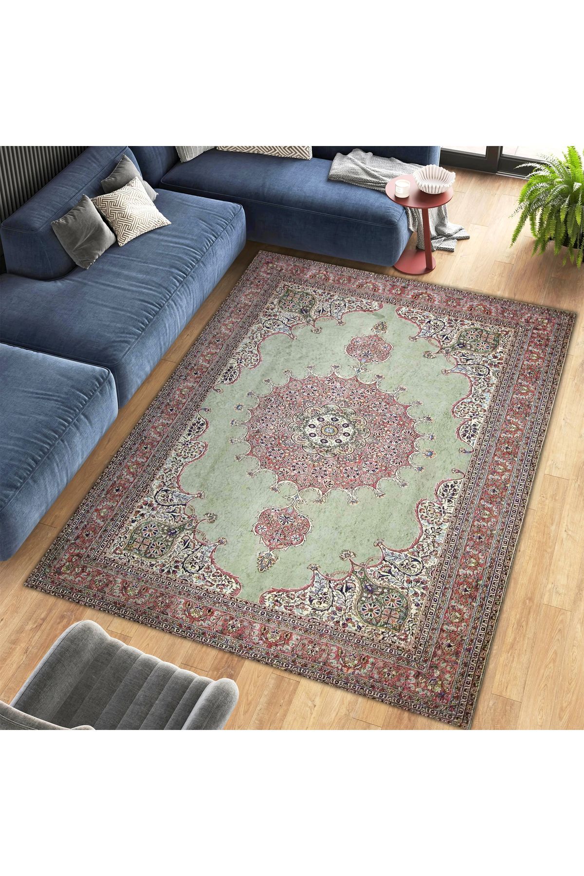 Mete Koleksiyonu Yeşil ve Pembe Tonlar Geleneksel Motif Desenli Vintage Dekoratif Halı 36