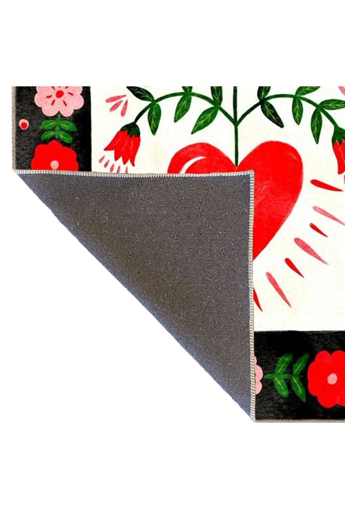 Siyah Beyaz Tonlarda Kalp ve Çiçek Desenli Halı 3720