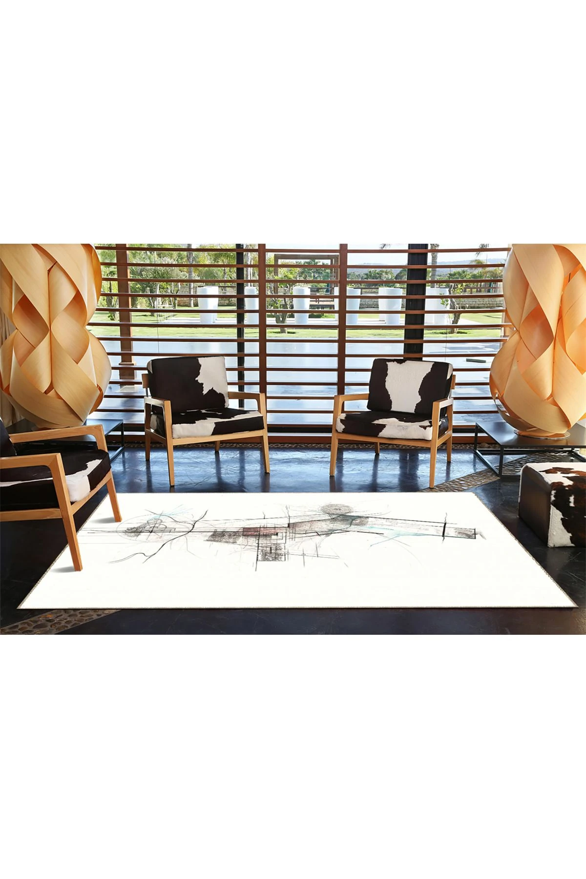 Krem Müzikal Temalı Boyalı Desenli Dekoratif ve Yıkanabilir Halı miravip9333