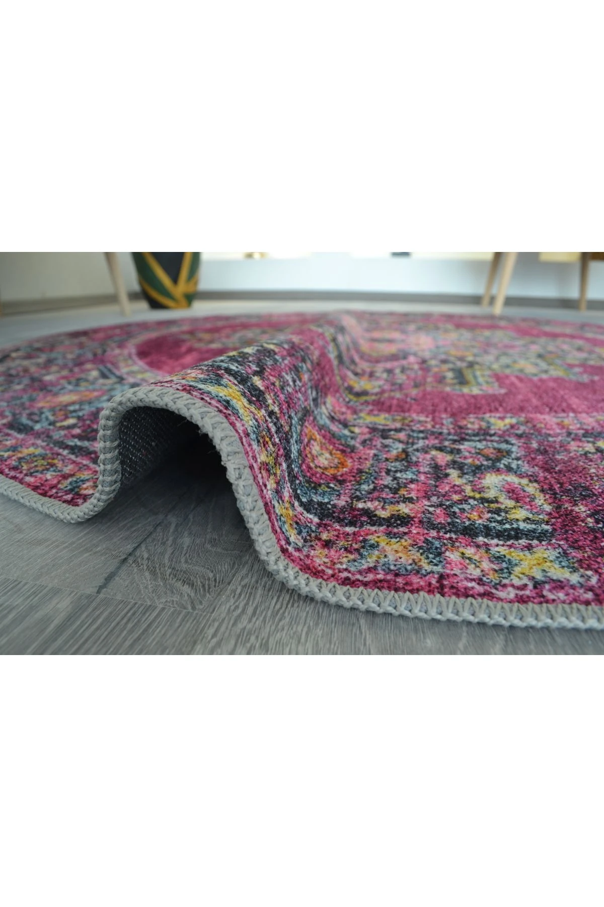 Fuşya Pembe Etnik Ve Vintage Tema Dokuma Taban Yuvarlak Halı Mira 1388