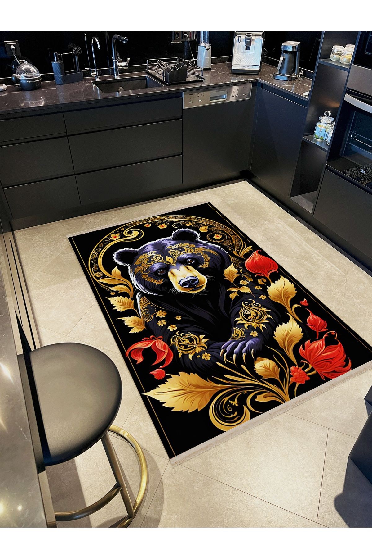 Yılmaz Koleksiyonu Siyah ve Altın Tonlarda Boz Ayı ve Çiçek Desenli Modern Dekoratif Halı 14
