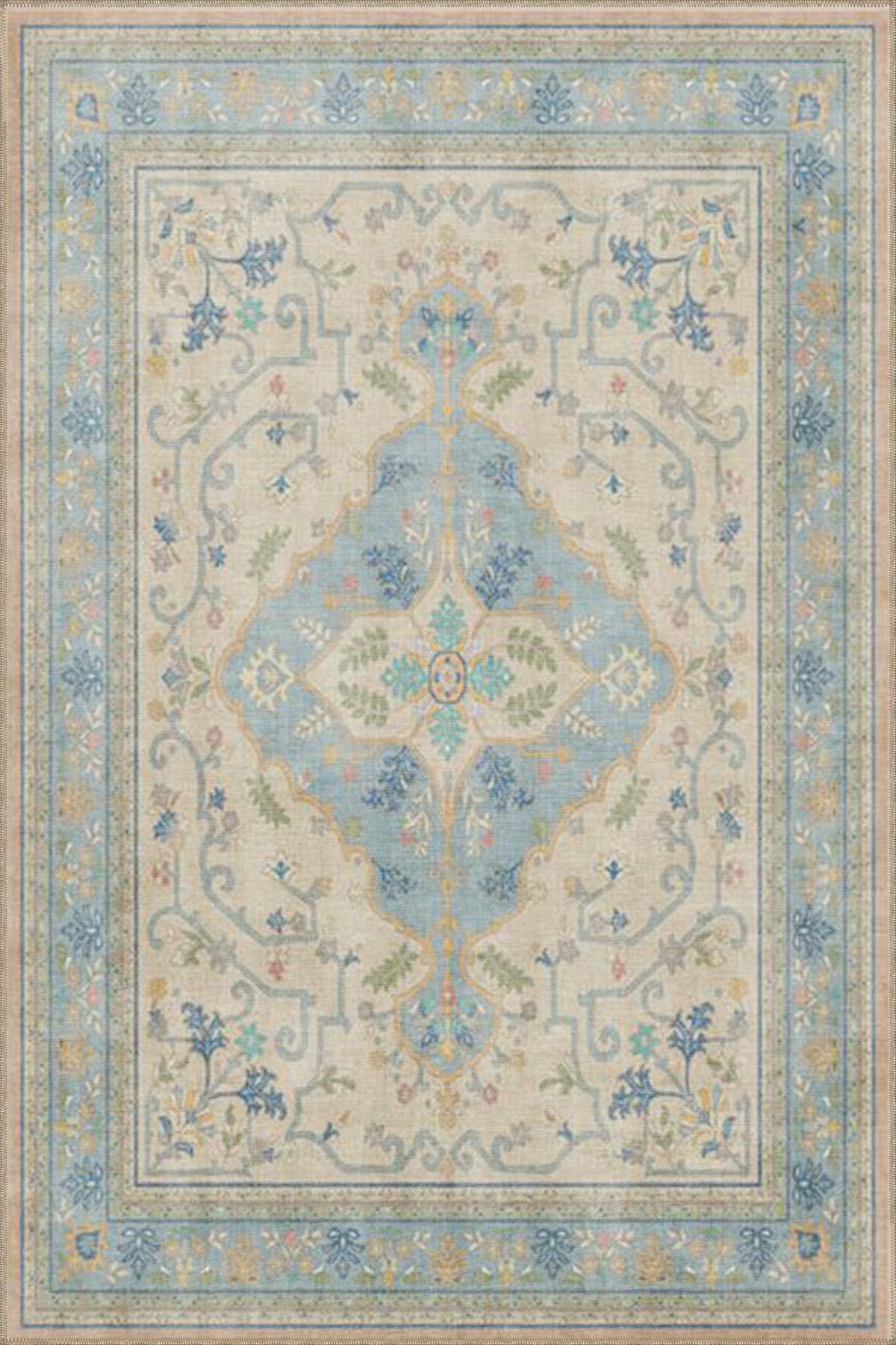 Mavi Krem Yıldızlı Geometrik Desenli Yıkanabilir Dokuma Taban Halı miravip8084