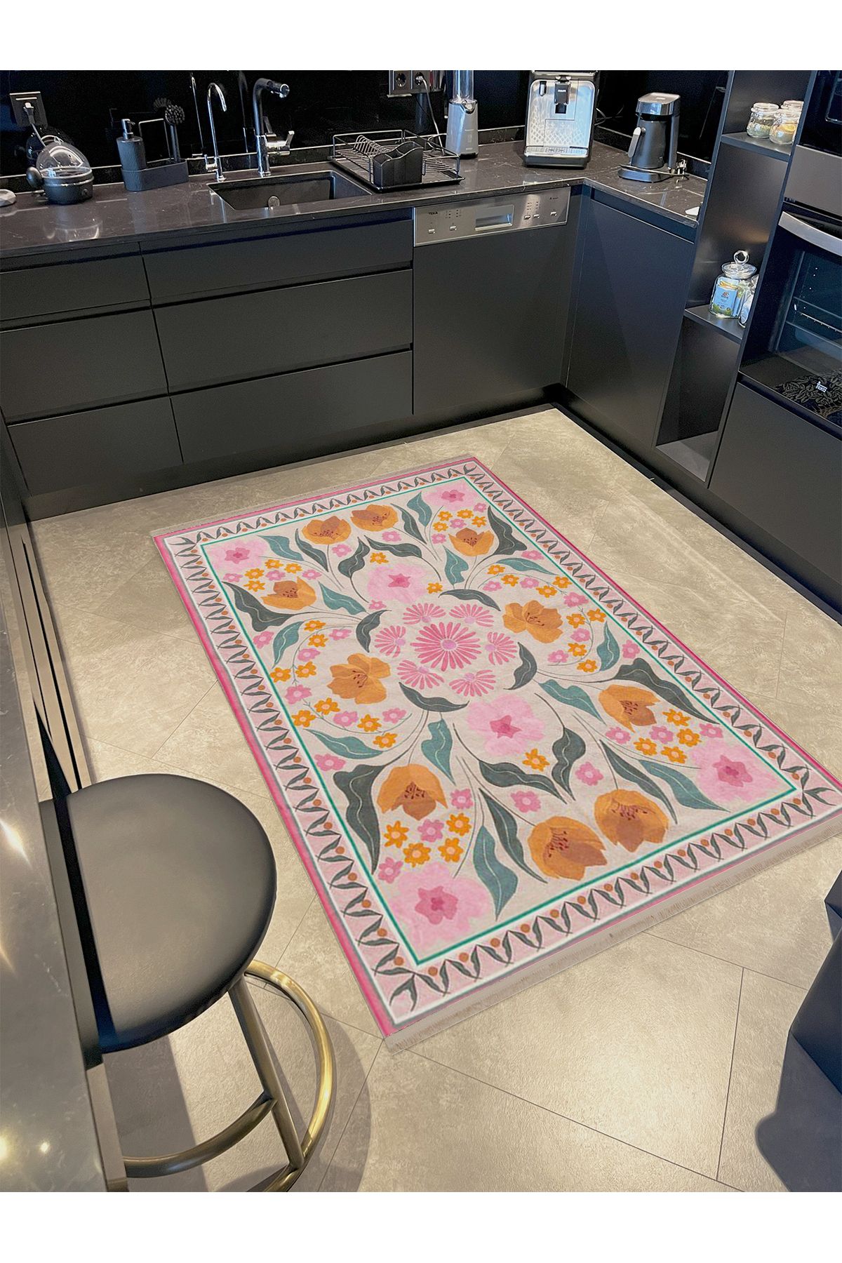 Aynur Koleksiyonu Pastel Tonlarda Pembe Çiçekler Detaylı Dokuma Taban Modern Dekoratif Halı aynur36