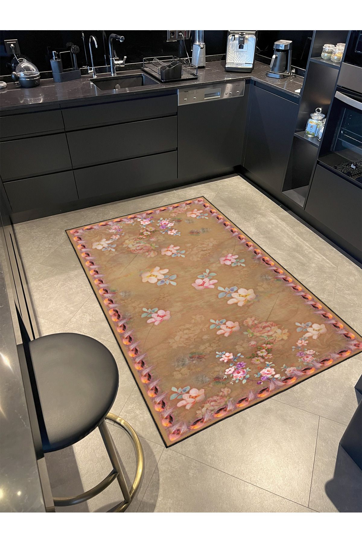 Çiçekli Modern Kahverengi Etnik Desenli Dokuma Taban ve Dekoratif Yıkanabilir Halı miravip8613