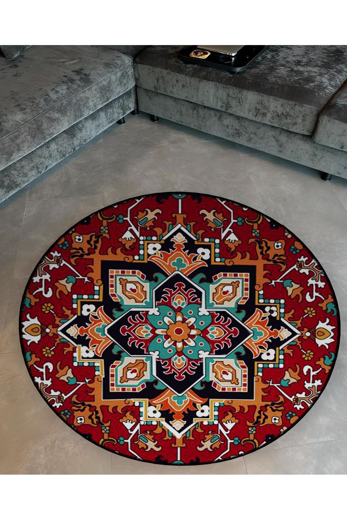 Bordo Temalı Geleneksel Motif Desenli Yuvarlak Dokuma Taban Vintage Dekoratif Halı 6134