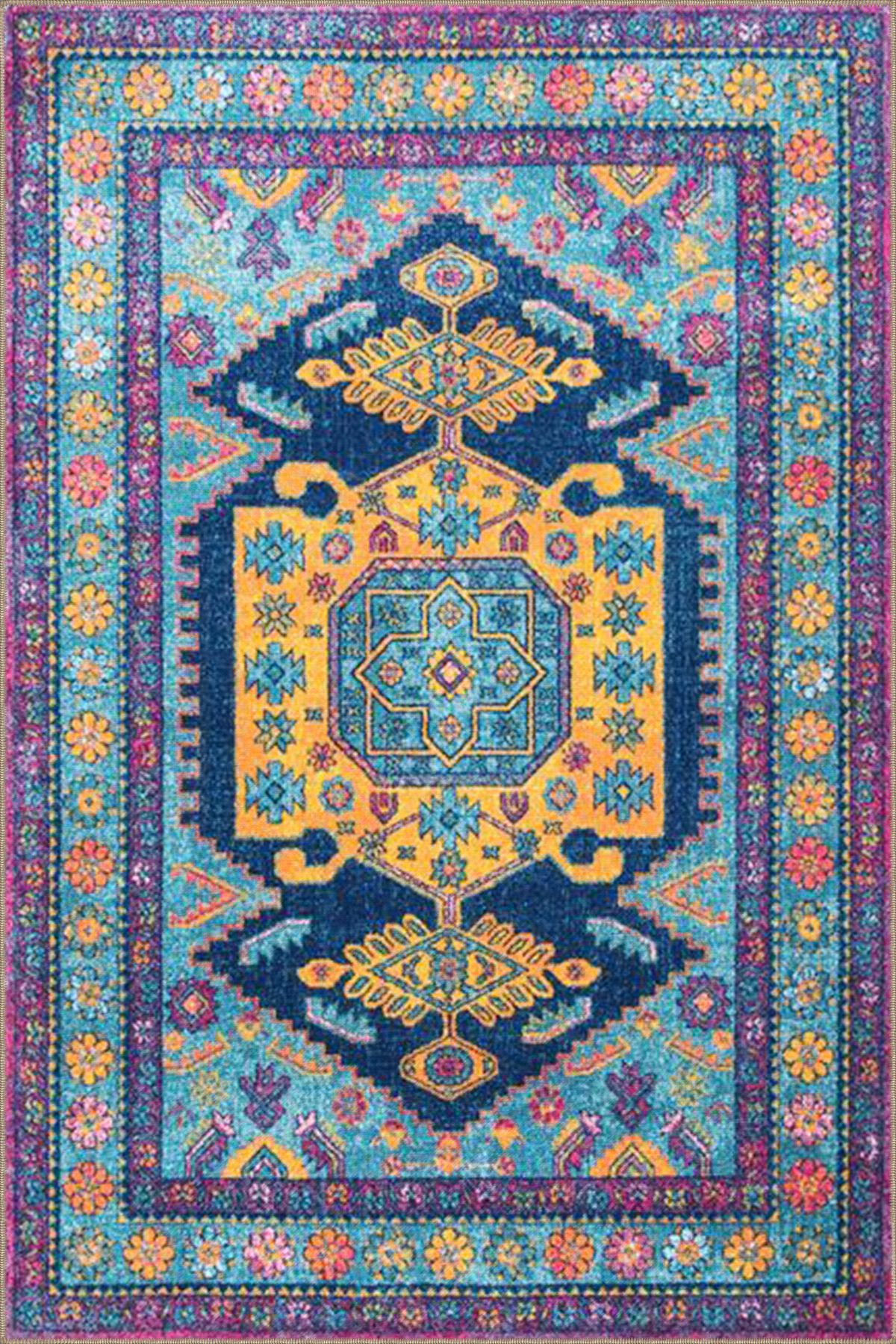 Mavi Pembe Temalı Geleneksel Motif Etnik Desenli Vintage Dekoratif Halı 4639