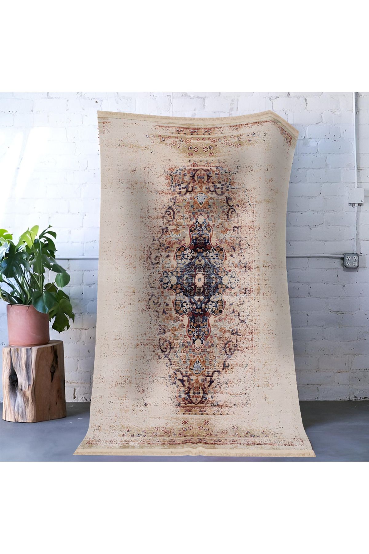 Bej Temalı Geleneksel Motif Soyut Desenli Vintage Dekoratif Halı 1659