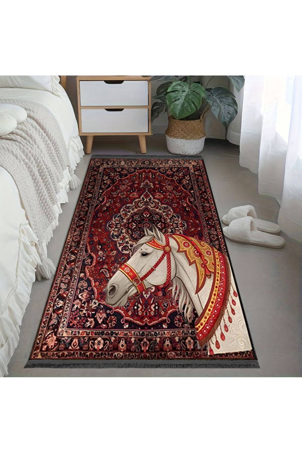 Nilla Koleksiyonu Antik Desenli Beyaz At Detaylı Dokuma Taban Modern Dekoratif Halı nilla18