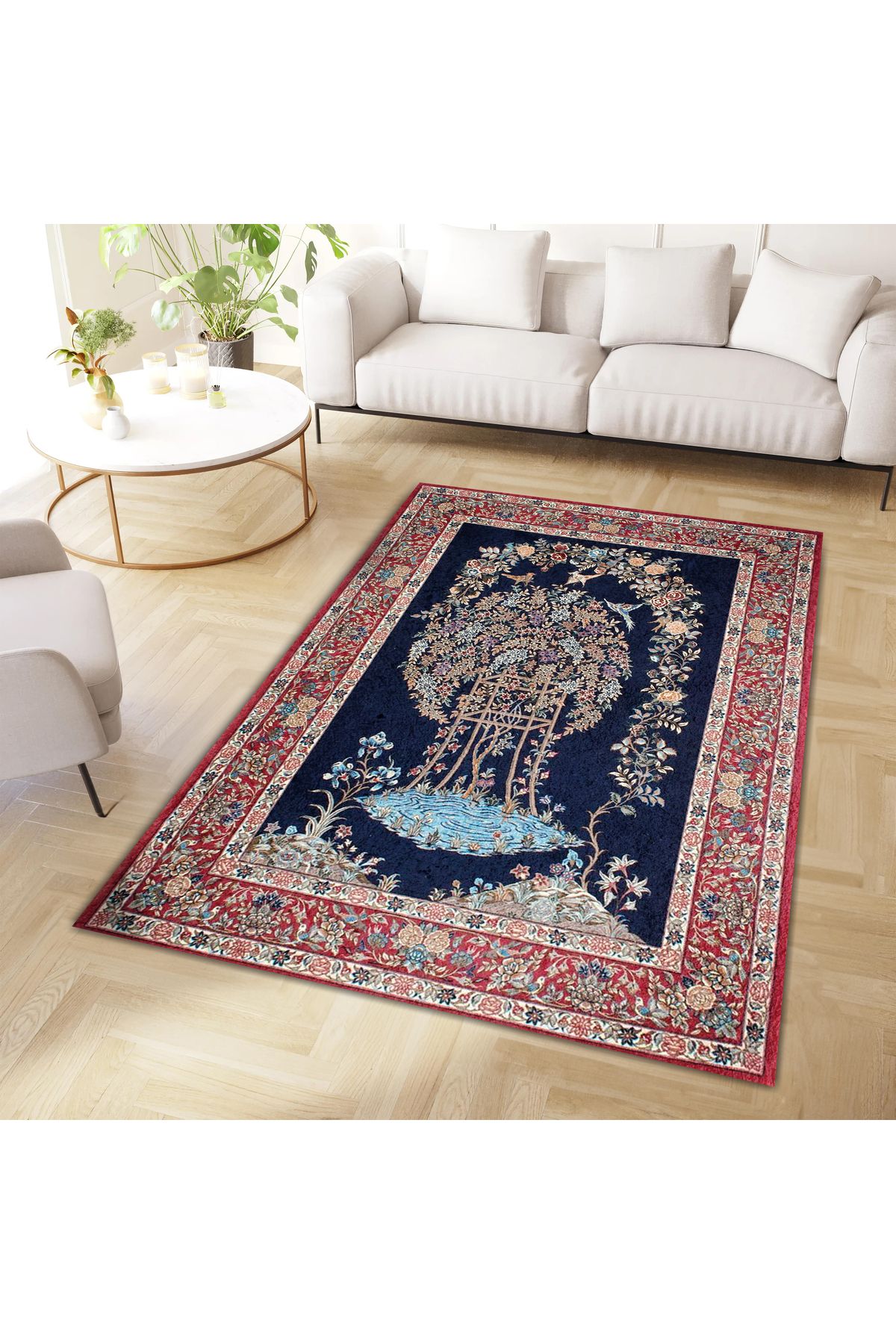 Aysu Koleksiyonu Çiçekli Kırmızı Bordür Detaylı Siyah Desenli Dokuma Taban Dekoratif Halı aysu07